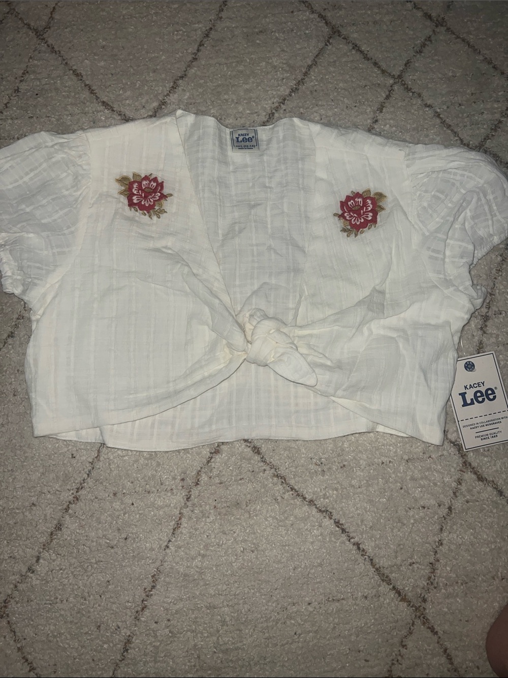 Kacey Lee White Cropped Tie-Front Top with Pink Floral Embroidery